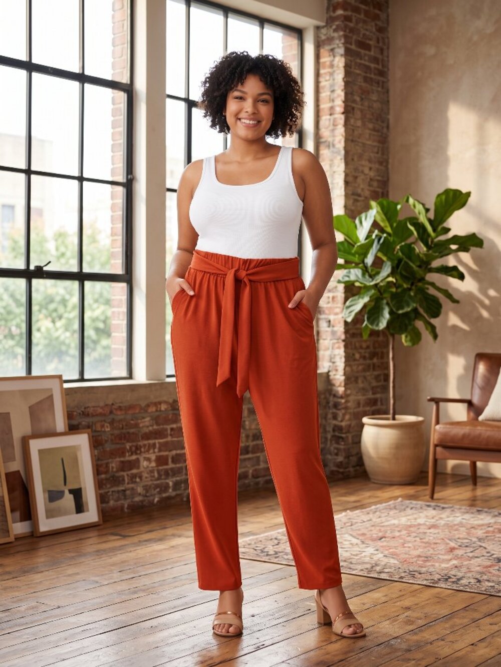 ShoSho Rusty Orange High Rise Belted Straight Leg Pants Medium